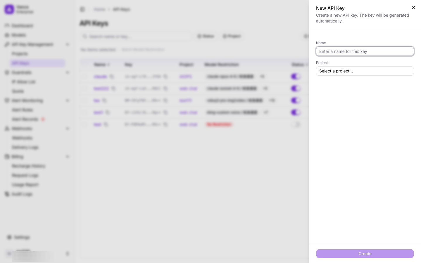Create API Key dialog