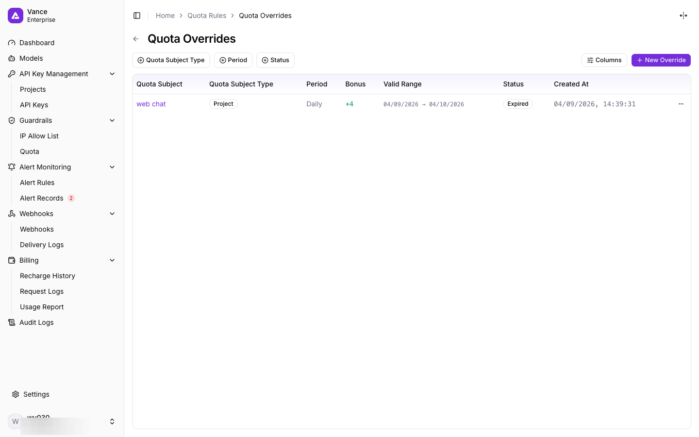 Quota Overrides page