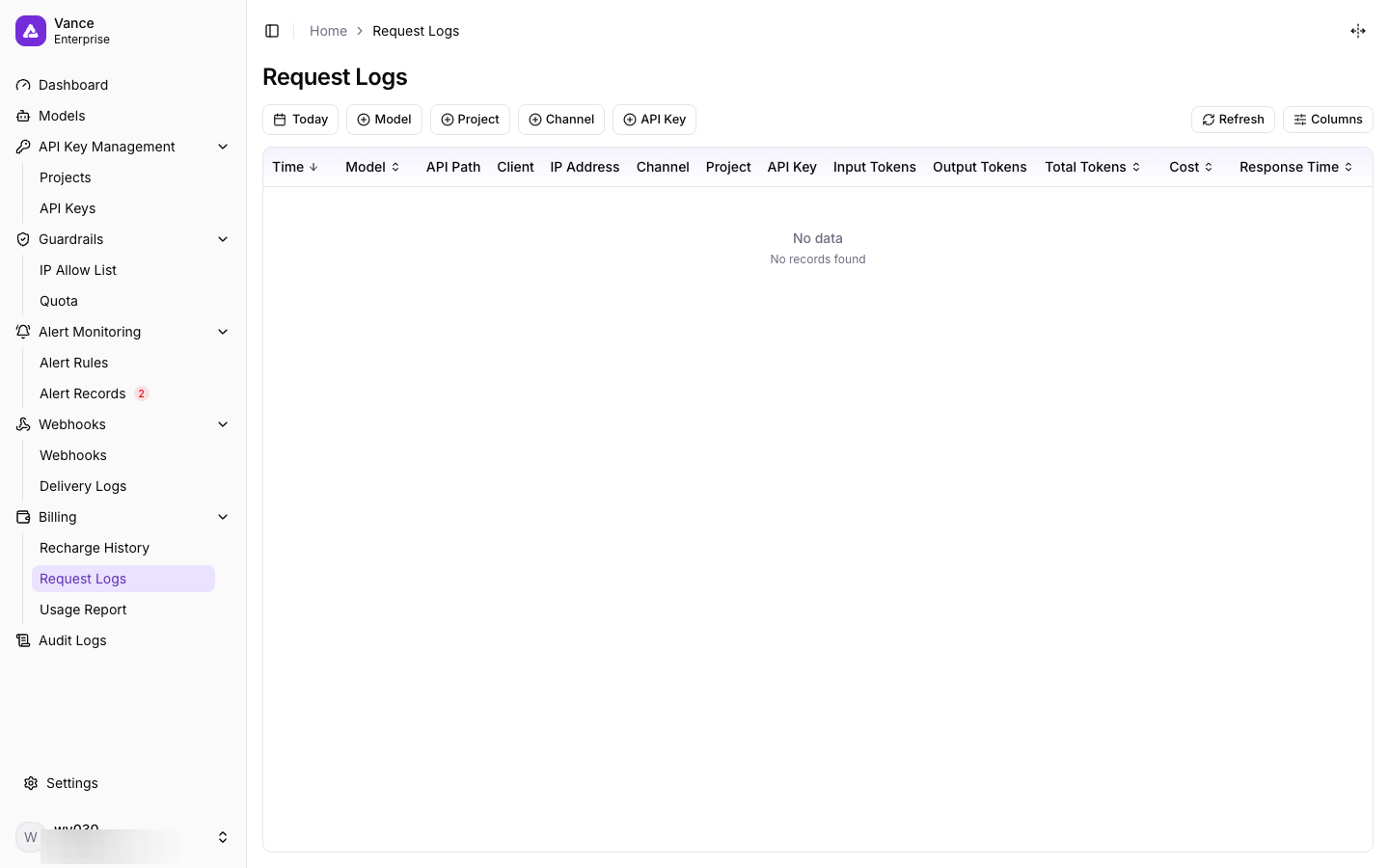 Request logs page