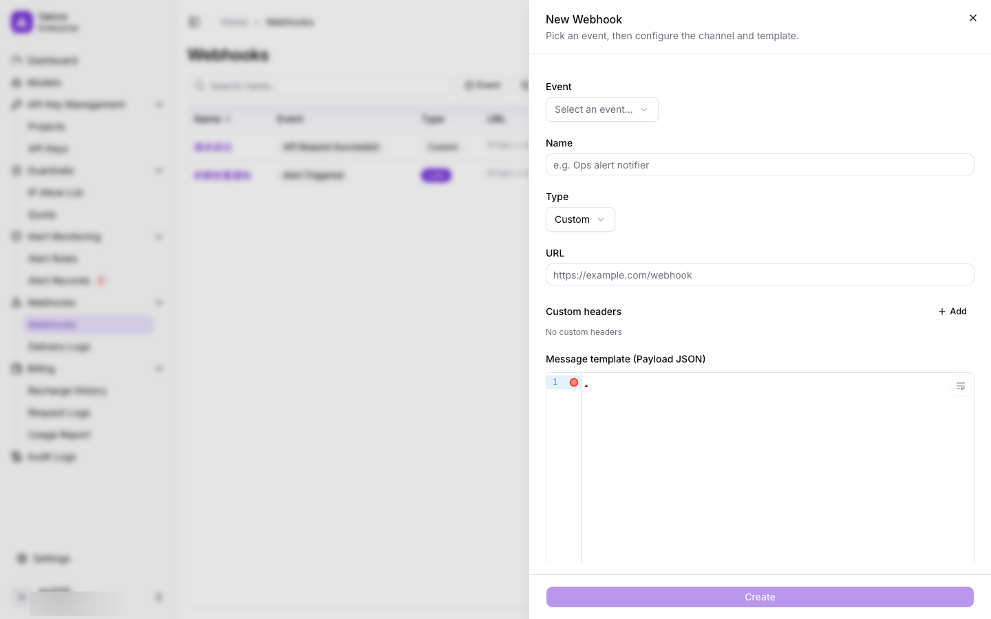 Create webhook dialog
