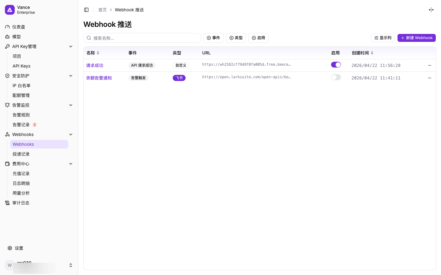 Webhooks 页面